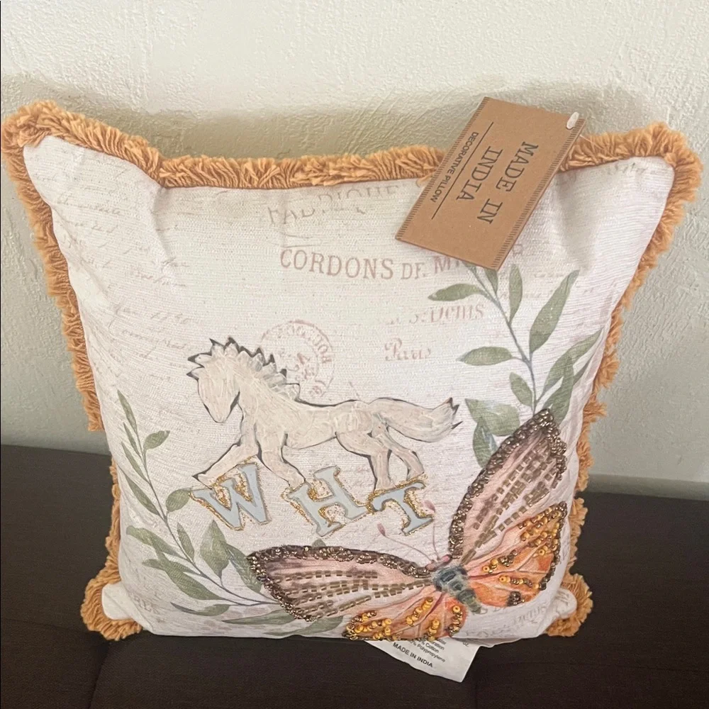 #1605+ Made in India Cream Decor WHT & Butterfly Fringe Pillow with Orange Trim